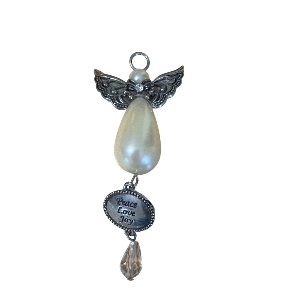Silver Tone Angel Peace Love Joy Faux Pearl‎ Crystal Ornament Pendant